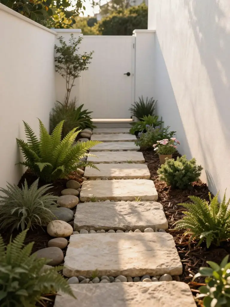 A narrow side yard transformed into a charming stone pathway garden in Warm Minimalist style.