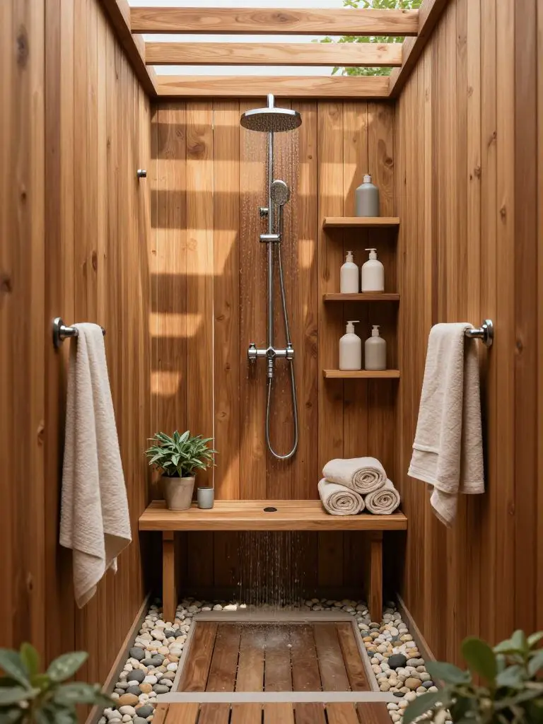 A narrow timber passage off grid shower designed for compact backyard spaces.