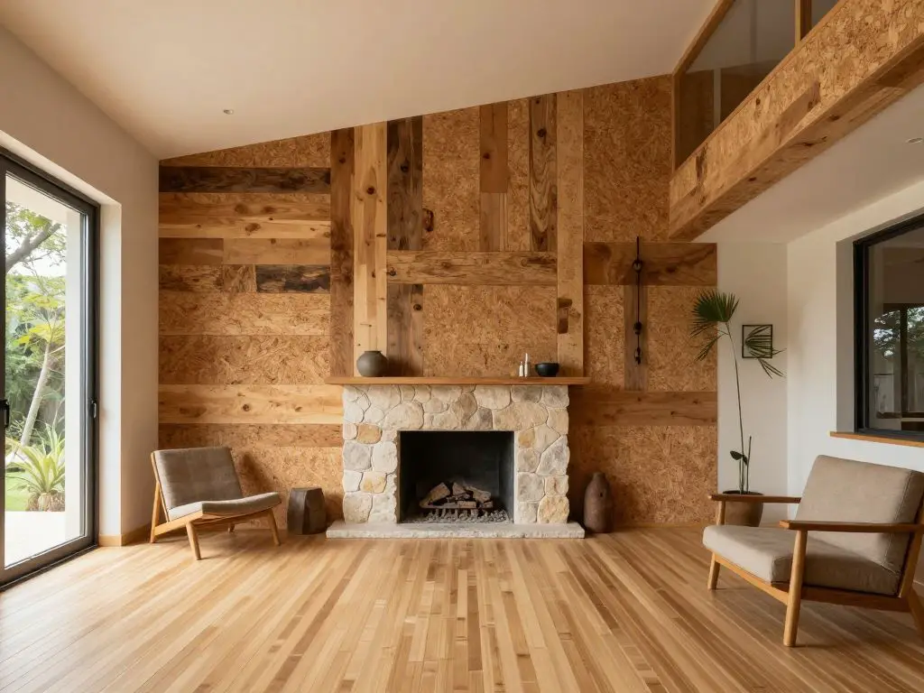 interior photography of a modern eco-friendly home interior featuring reclaimed wood accent wall, bamboo flooring, natural cork wall panels.