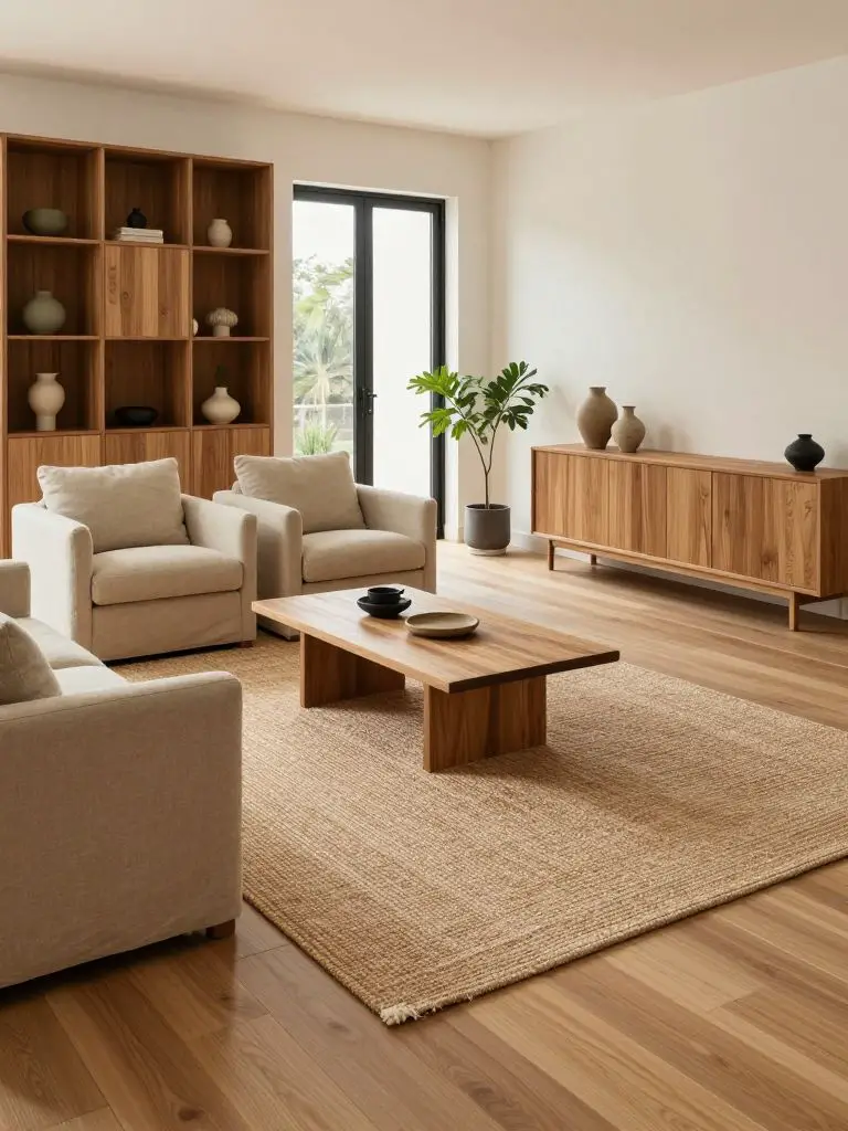 Eco-conscious living room centered around a natural fiber rug and solid wood storage cabinetry.