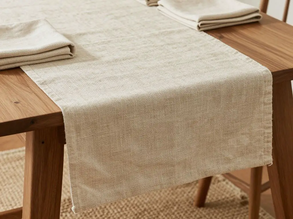 interior photography of natural fiber textiles on Japandi dining table, oatmeal linen table runner with cotton napkins, jute rug underneath.