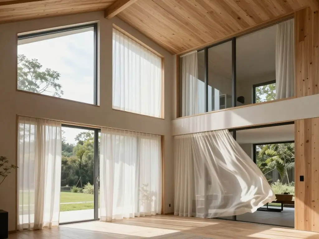 interior photography of a naturally ventilated modern eco home showing high clerestory windows and cross-ventilation openings, airy open spa.