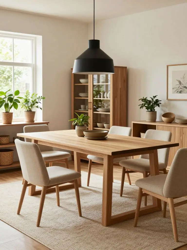 A natural wood Japandi dining room styled with a rectangular oak table positioned centrally on a textured cream rug.