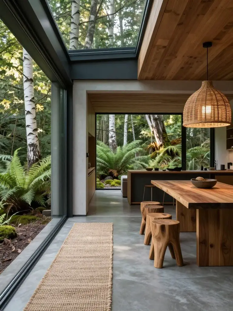 An open-concept nature lover's dream home merges seamlessly with its woodland setting, as seen through a wide sliding glass wall that opens.