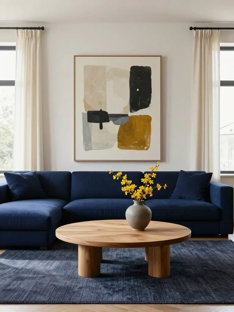 A navy-toned stylish minimalist living room featuring a deep blue sectional sofa positioned along a soft warm-white wall, balanced by an ove.