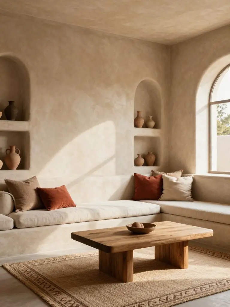 A neutral Mexican adobe-inspired living room with soft cream plaster arches and warm beige limewashed walls.