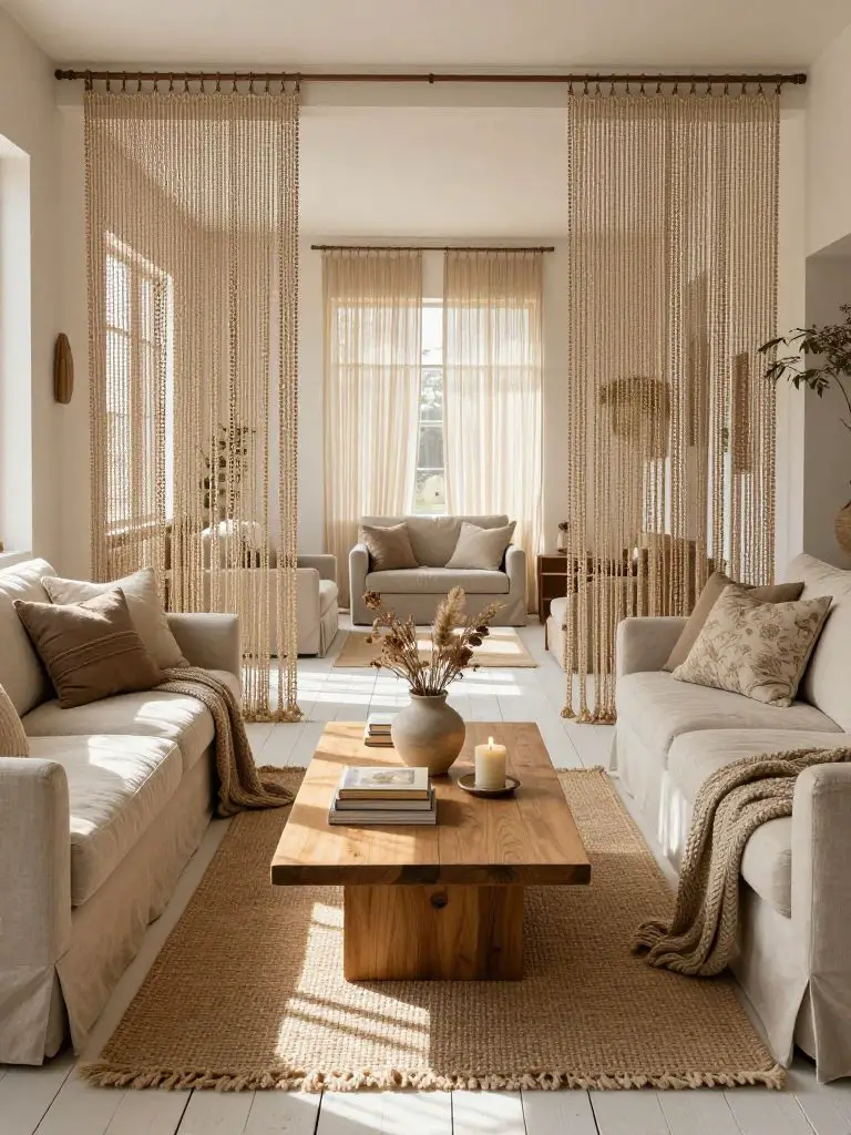 A bright boho country living room divided by delicate beaded curtain panels in warm sand tones, softly filtering light between two seating a.