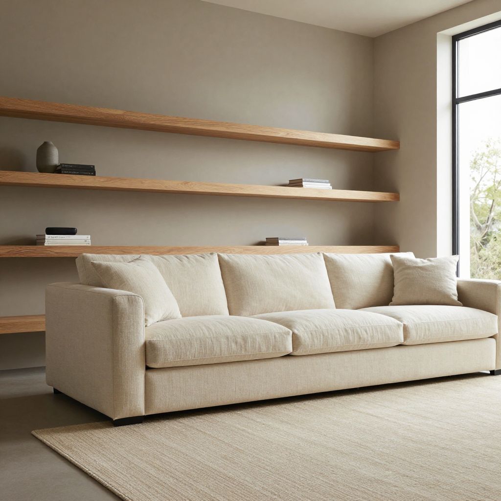 Professional interior photography of a modern minimalist living room showcasing layered neutral tones, featuring a cream linen sofa against.