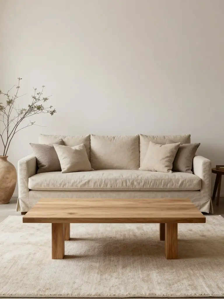A neutral Japandi living room centered around a low rectangular oak coffee table placed on a creamy wool rug.