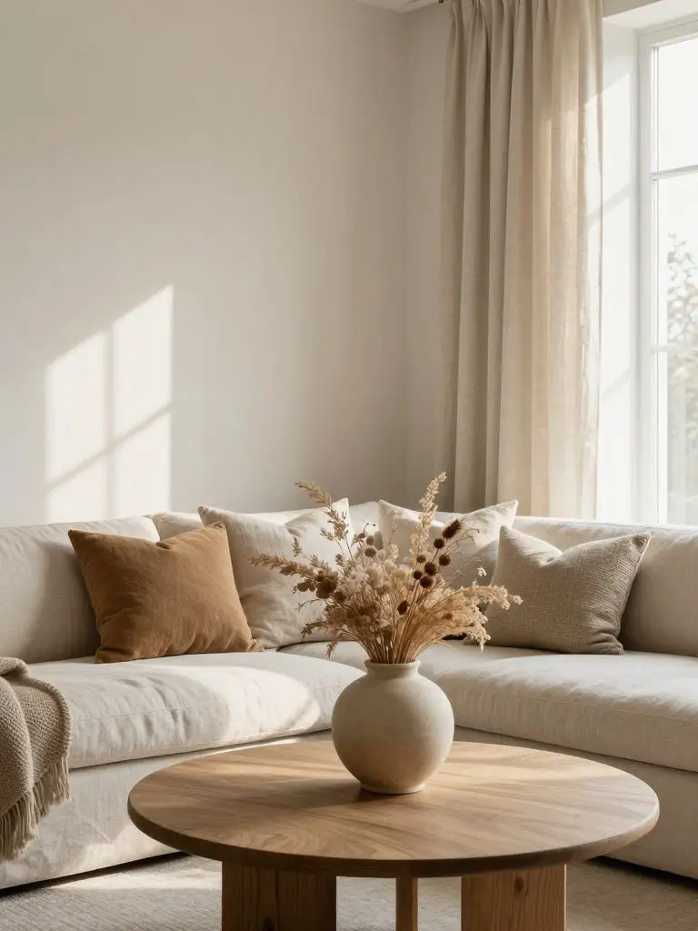 A cozy earthy living room corner styled in a Warm Minimalist and Modern Rustic blend, featuring a soft ivory linen sofa layered with camel a.
