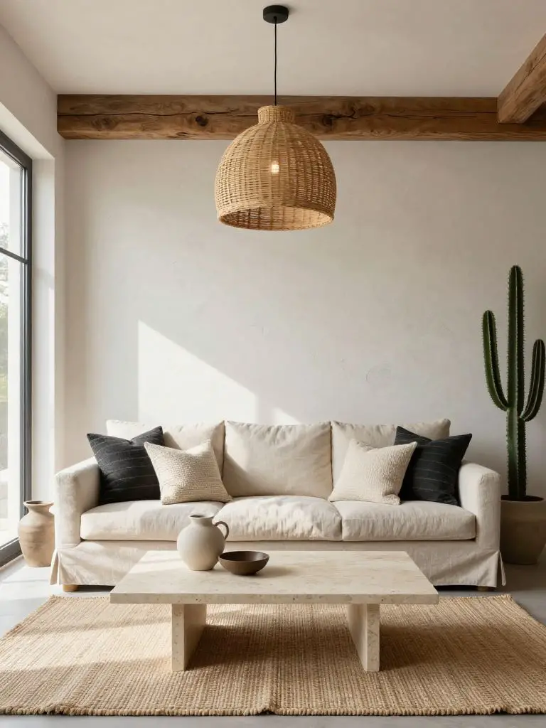 A neutral minimalist living room with exposed natural wood beam and textured plaster walls as architectural highlights.