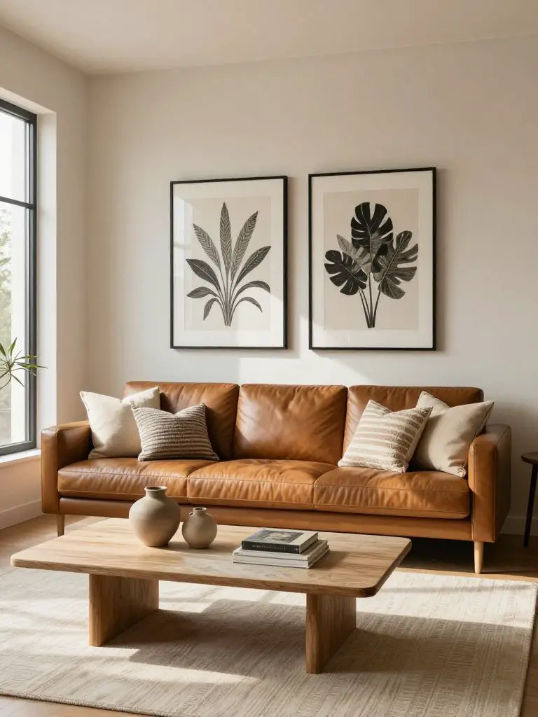 A warm neutral minimalist living room anchored by a caramel leather sofa centered beneath two graphic black-framed botanical prints.