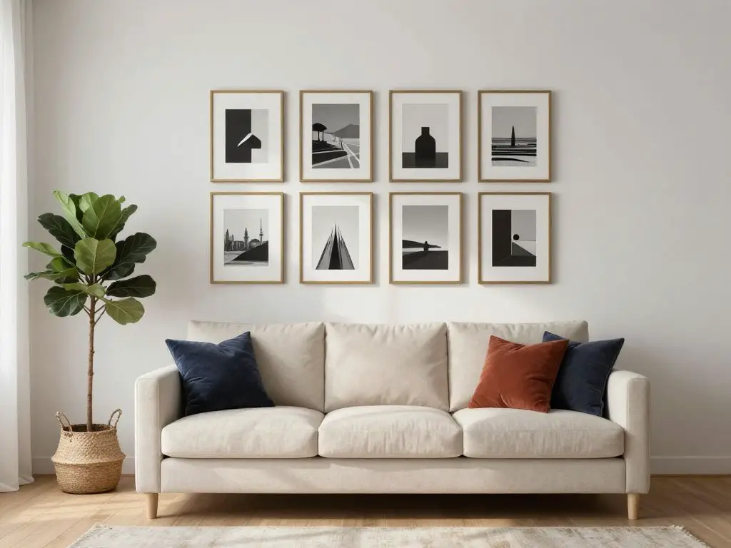 A neutral minimalist living room with a structured gallery wall above a cream fabric sofa, styled in Scandinavian Warm Minimalism.