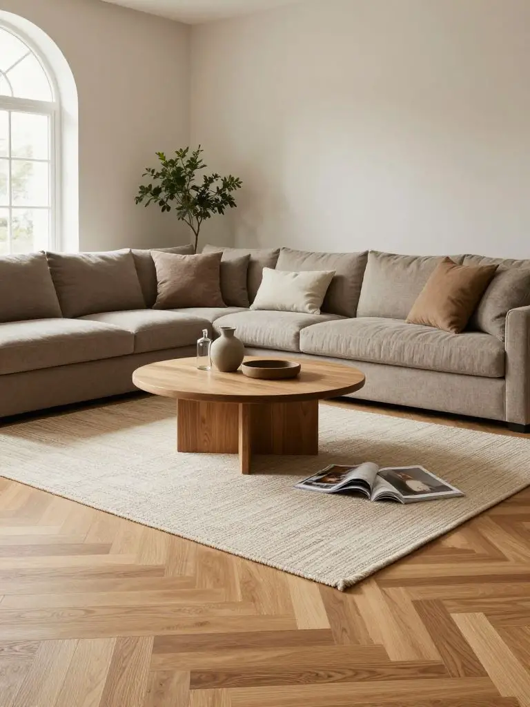 Design a neutral sustainable living room featuring herringbone wood flooring as the hero base element.
