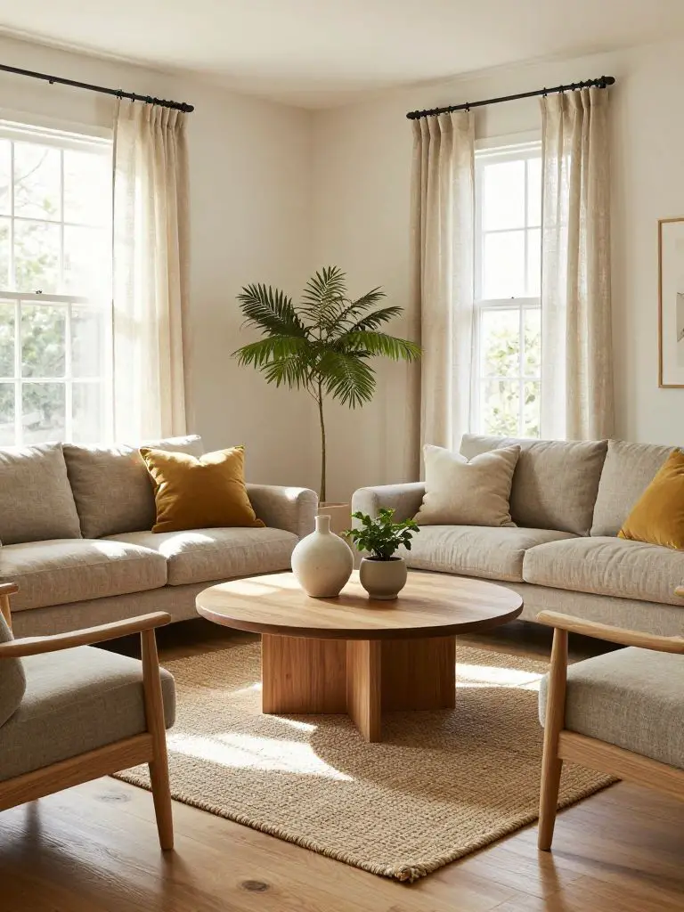 Create a neutral sustainable home decor living room with layered linen seating and solid wood accents.