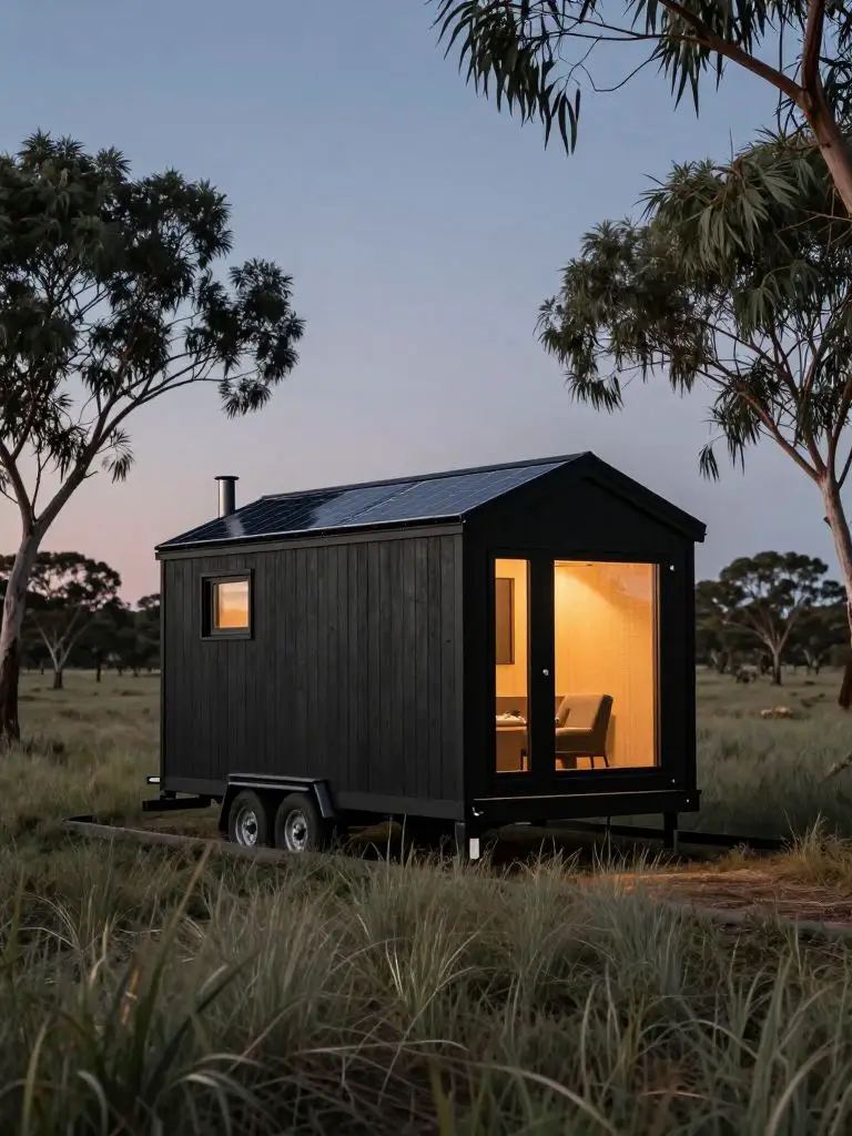 A compact off-grid small cabin idea finished in matte black cladding with a solar-paneled roof and slim vertical windows glowing warmly at d.