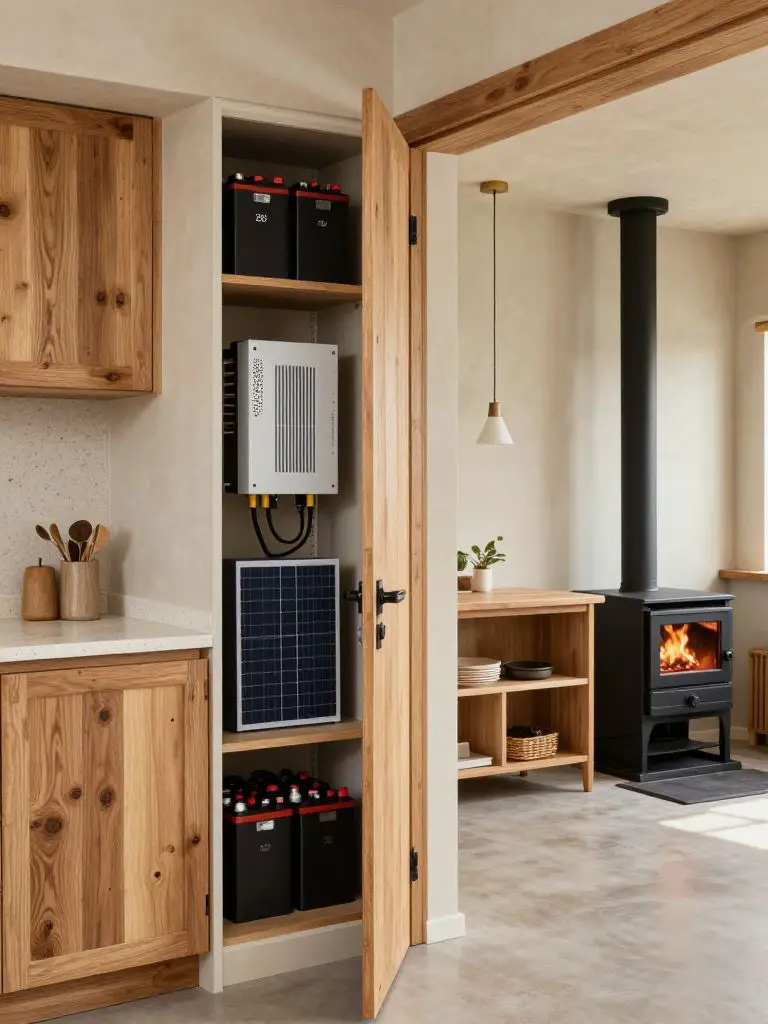 An off-grid kitchen featuring a dedicated utility closet for the solar power system.