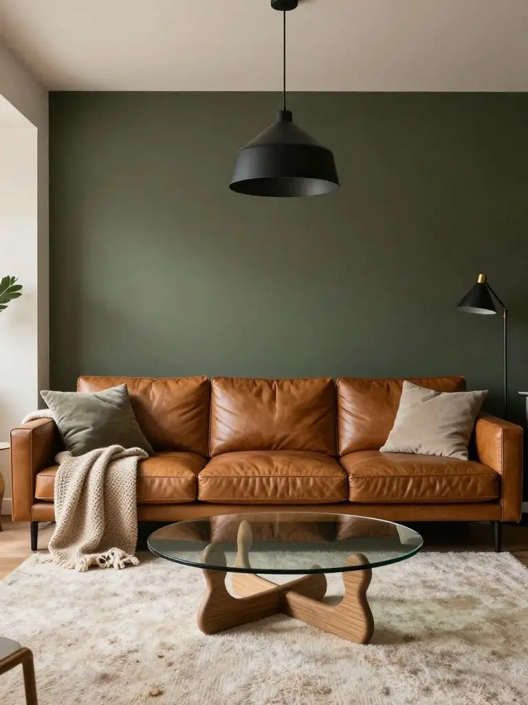 A cozy modern earthy living room featuring a deep olive accent wall paired with a caramel leather L-shaped sectional as the hero focal point.