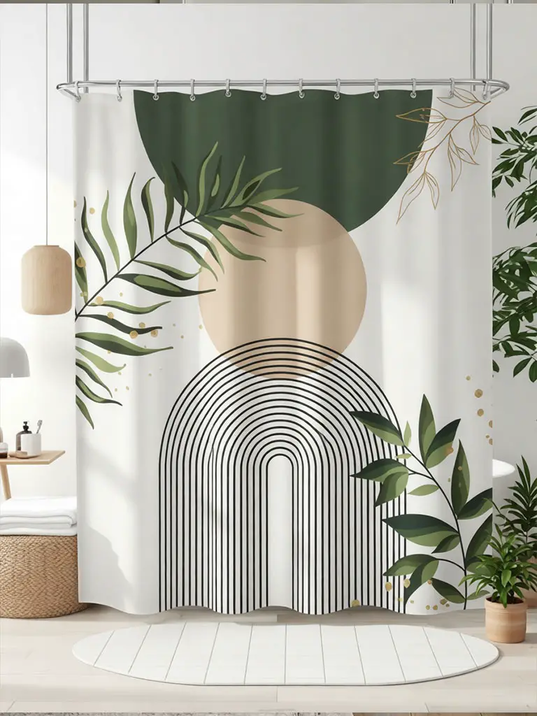 Modern olive green abstract shower curtain with geometric arches and botanical accents in minimalist bathroom.
