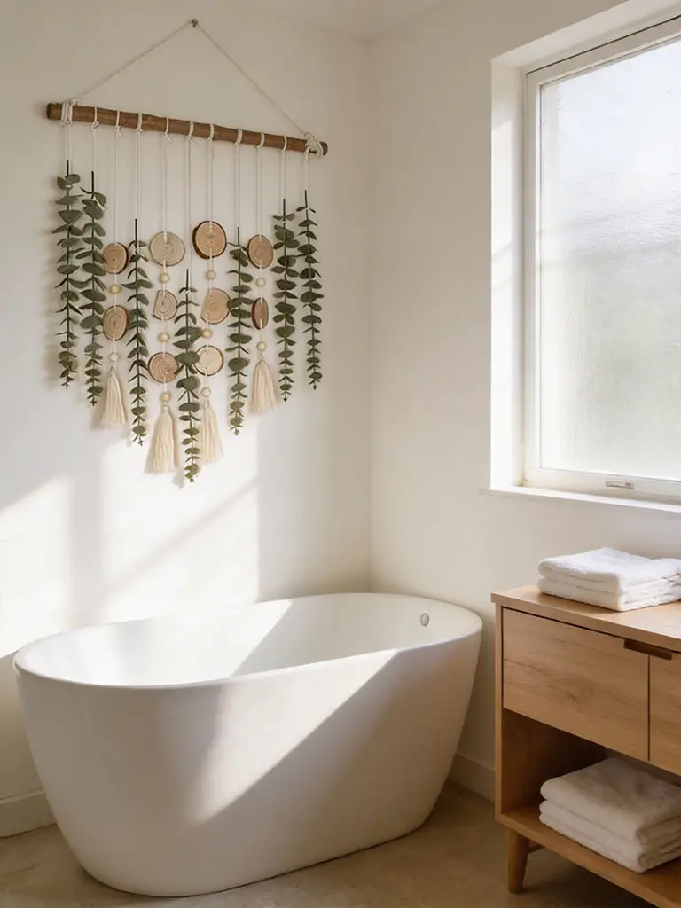 Boho olive green wall hanging with eucalyptus and tassels above freestanding bathtub in warm minimalist bathroom.