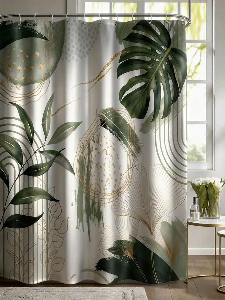 Botanical olive green shower curtain with gold accents in a bright minimalist bathroom with natural light and neutral decor.