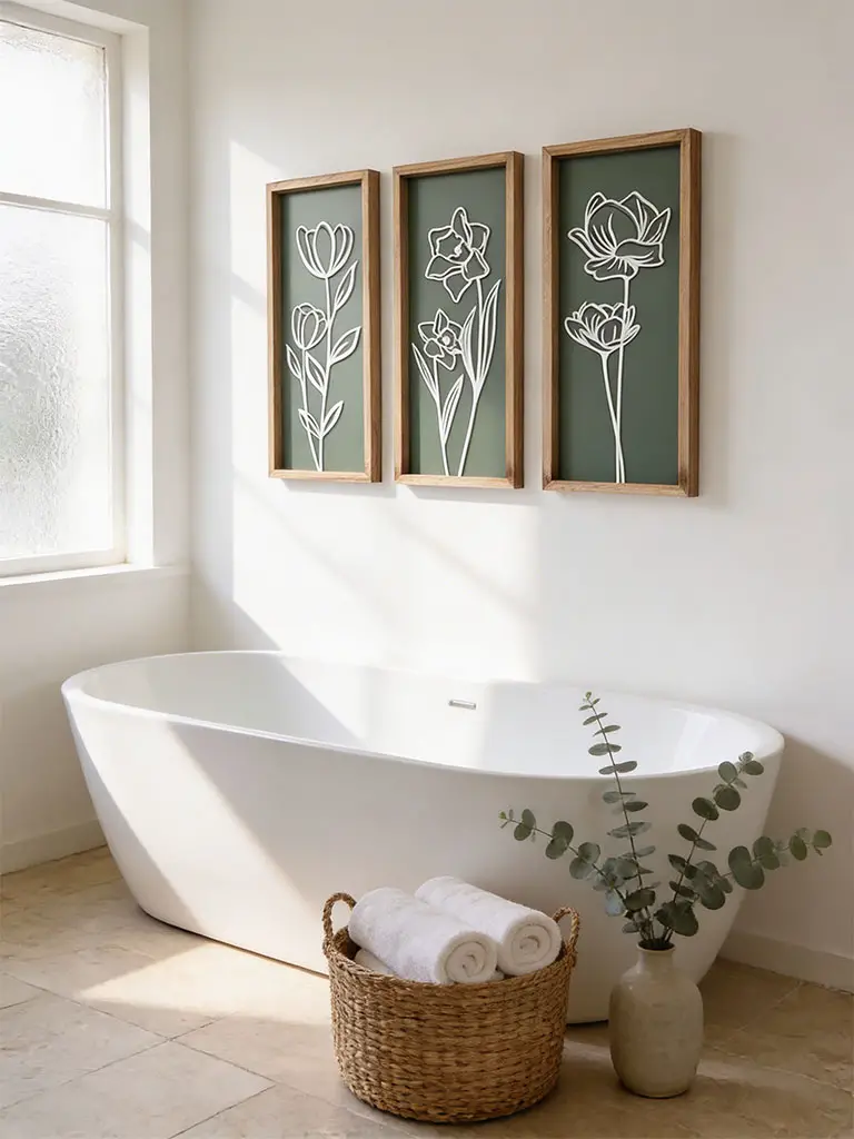 Olive green botanical wall art above freestanding bathtub in warm minimalist bathroom with oak frames and beige tile flooring.