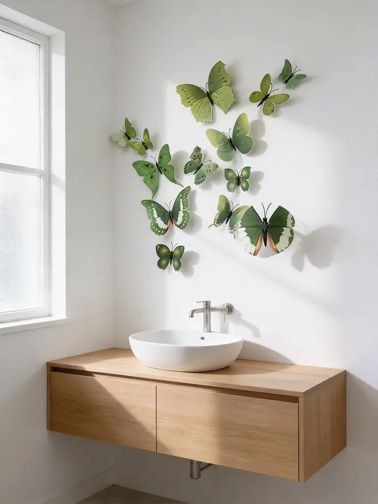Olive green butterfly wall decor above floating wood vanity in modern minimalist bathroom with white vessel sink.