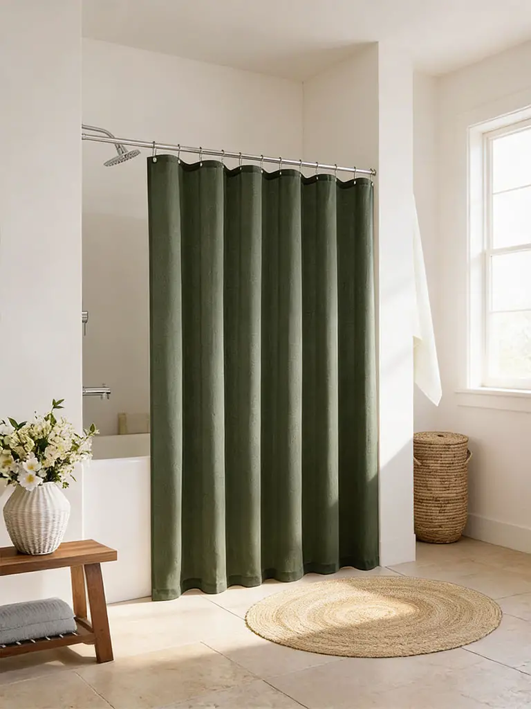 Solid olive green linen shower curtain in neutral spa-inspired bathroom with jute rug and soft daylight.