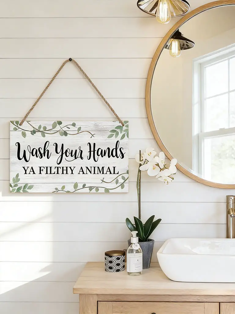 Rustic olive green bathroom wall sign above wood vanity with round mirror and brass faucet in cozy farmhouse bathroom.