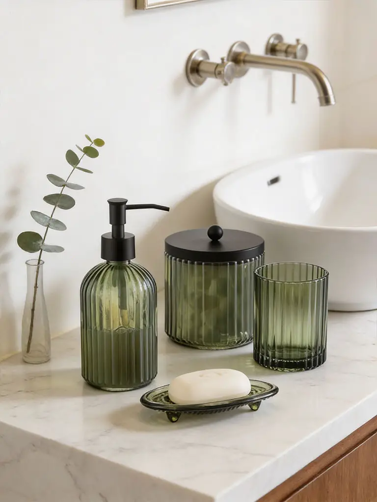 Ribbed olive green bathroom accessories with matte black pump beside white vessel sink on marble vanity.