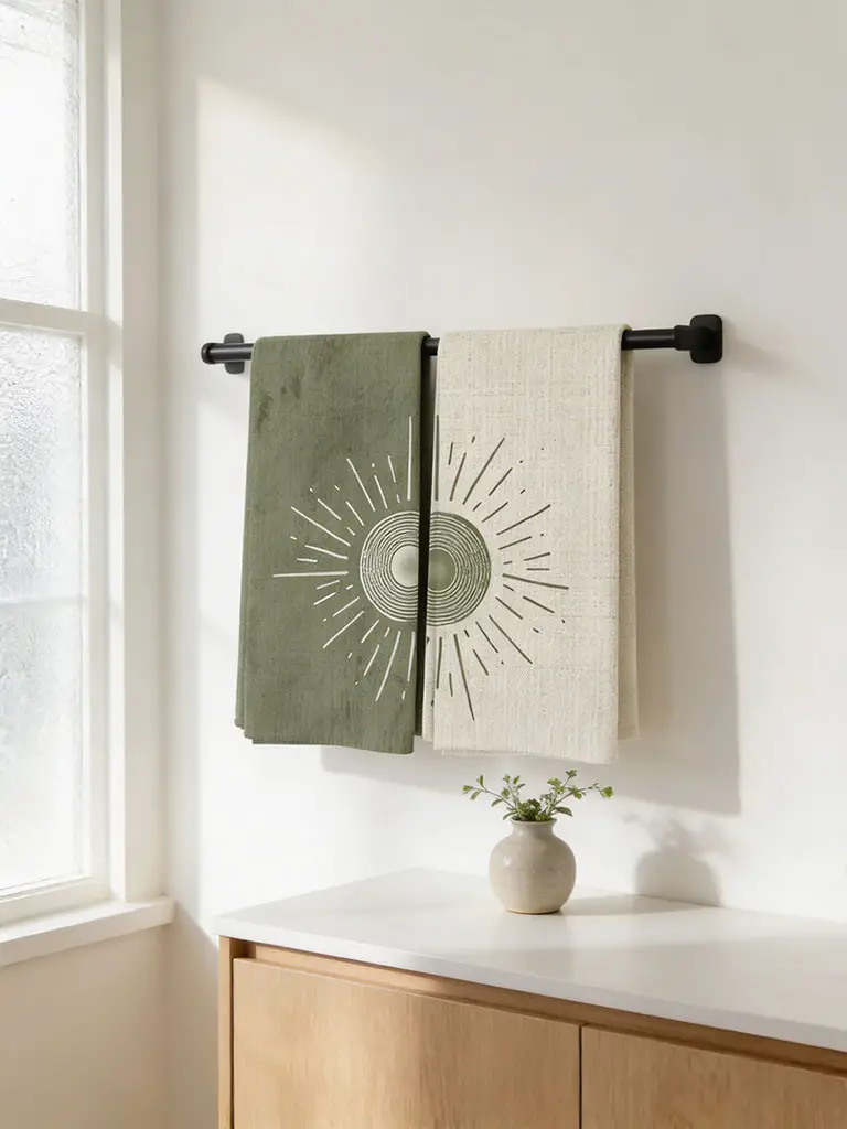 Olive green and cream patterned hand towels on black towel bar in minimalist bathroom with light wood vanity.