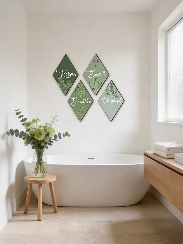 Olive green relax soak breathe unwind wall art above freestanding tub in calm spa-style bathroom.