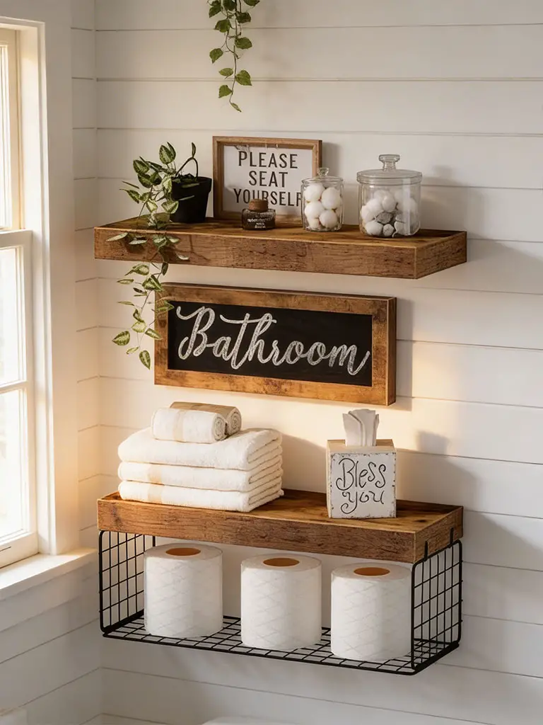 Rustic wood floating bathroom shelves with olive green decor accents, folded towels, and storage baskets.