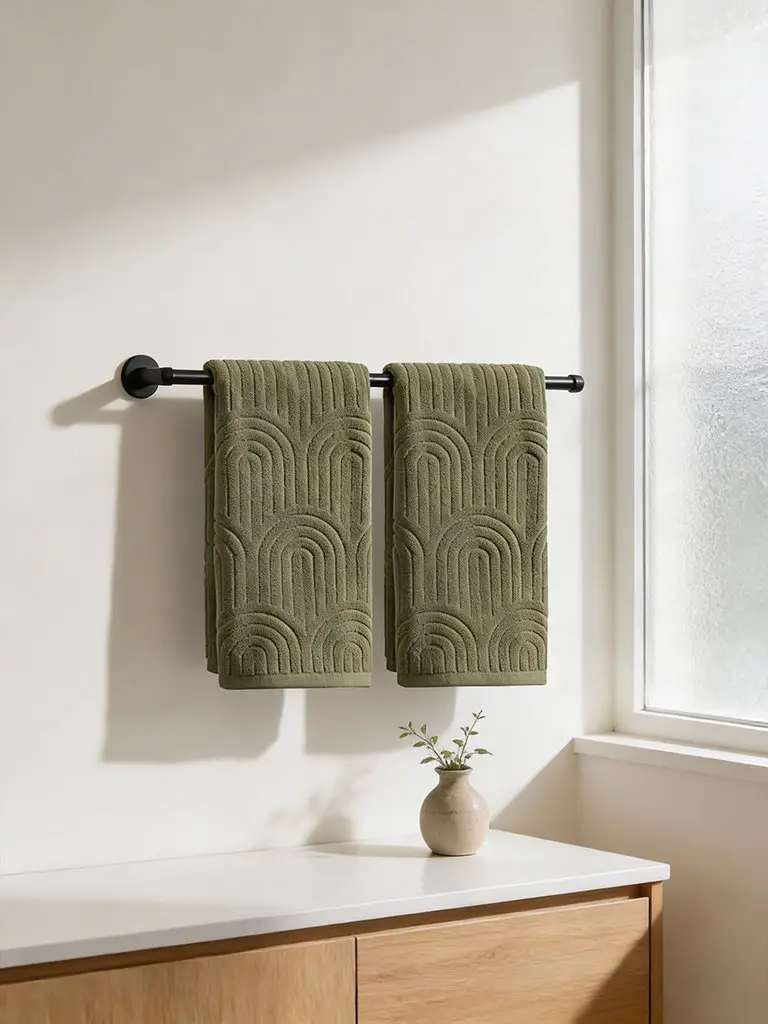 Textured olive green bath towels hanging on matte black towel bar in modern neutral bathroom.