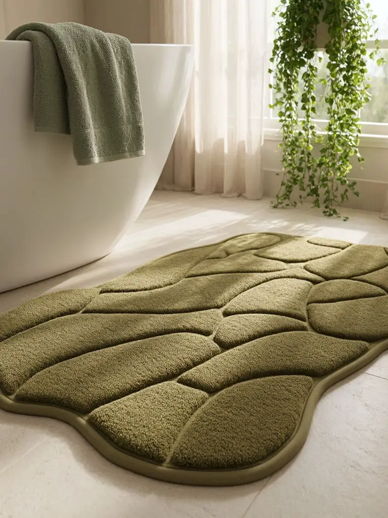 Sculpted olive green bath mat with organic leaf pattern in front of white freestanding bathtub.