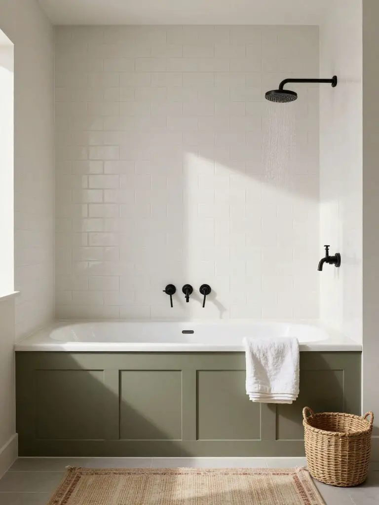A built-in olive green bathtub framed by crisp white subway tile walls in a Warm Minimalist and Modern Rustic bathroom setting.