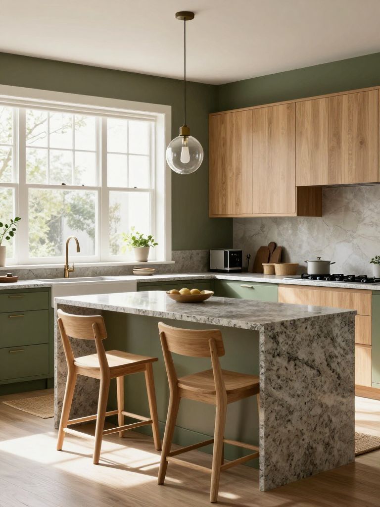 An olive green earthy kitchen filled with natural sunlight pouring through large windows.