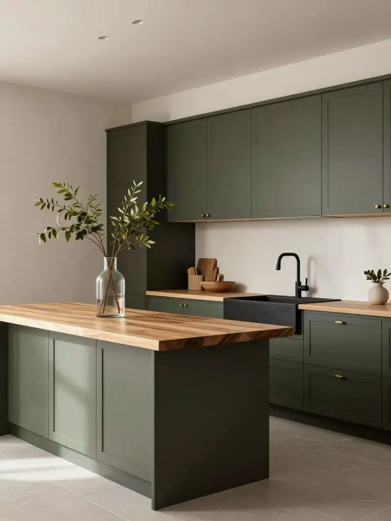 A compact modern earthy kitchen with deep olive green lower cabinetry and a natural butcher block island in a Warm Minimalist + Modern Rusti.