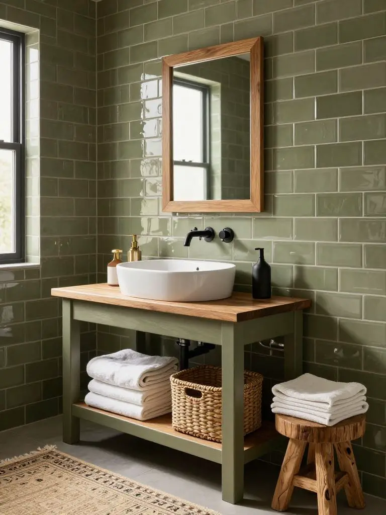 An olive green subway tile bathroom with an open wood vanity and layered rustic textures.