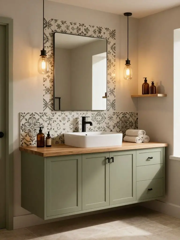 An olive green bathroom vanity styled in a Warm Minimalist and Modern Rustic blend, featuring muted sage cabinetry with slim black hardware.