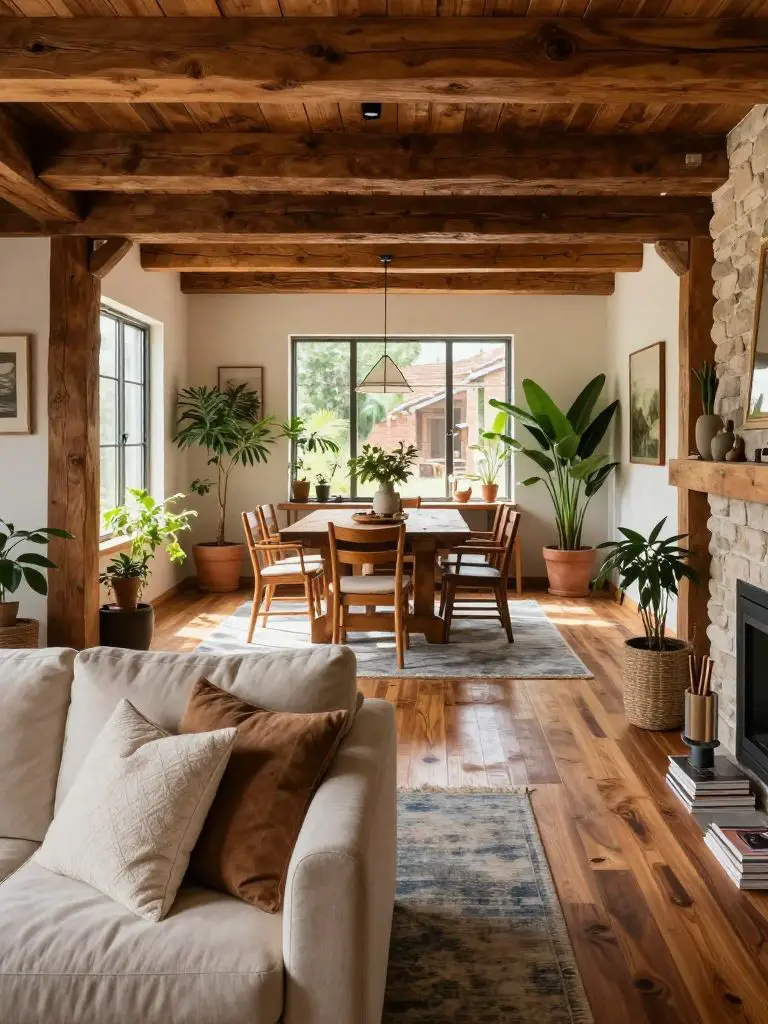 An open concept boho country living and dining room framed by thick exposed wood beams and warm walnut flooring.