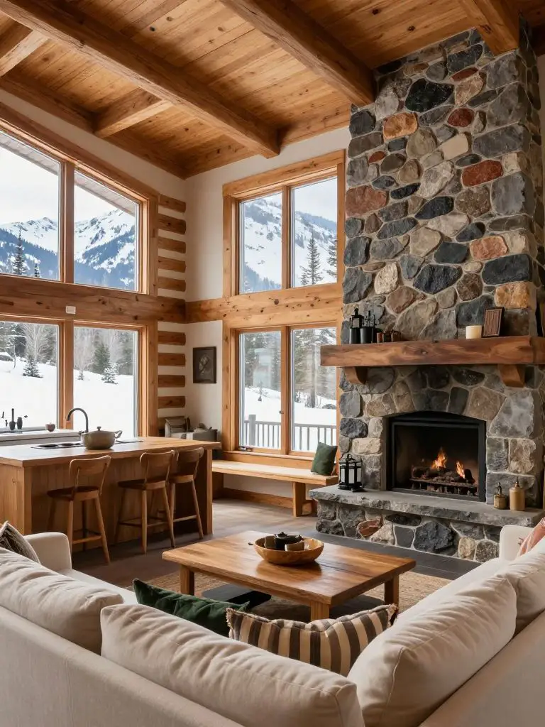 An open-concept log cabin interior with exposed ceiling beams and a large stone fireplace anchoring the right side of the frame.