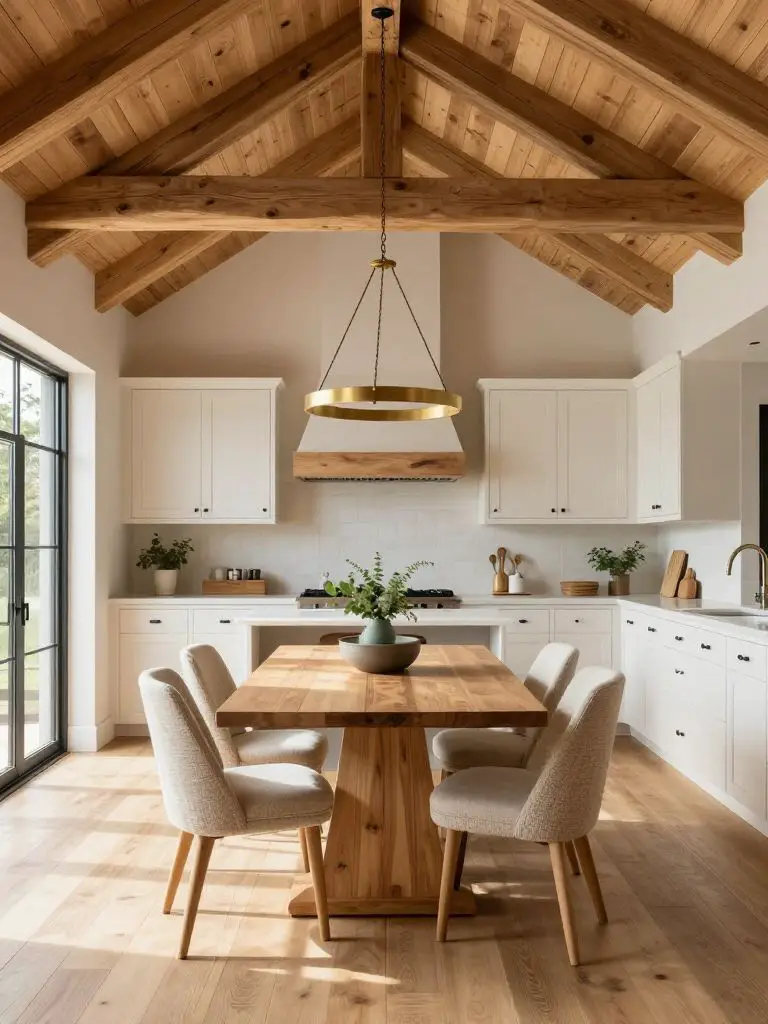 An open-concept modern rustic cabin design kitchen and dining space with vaulted pine ceilings and exposed beams.