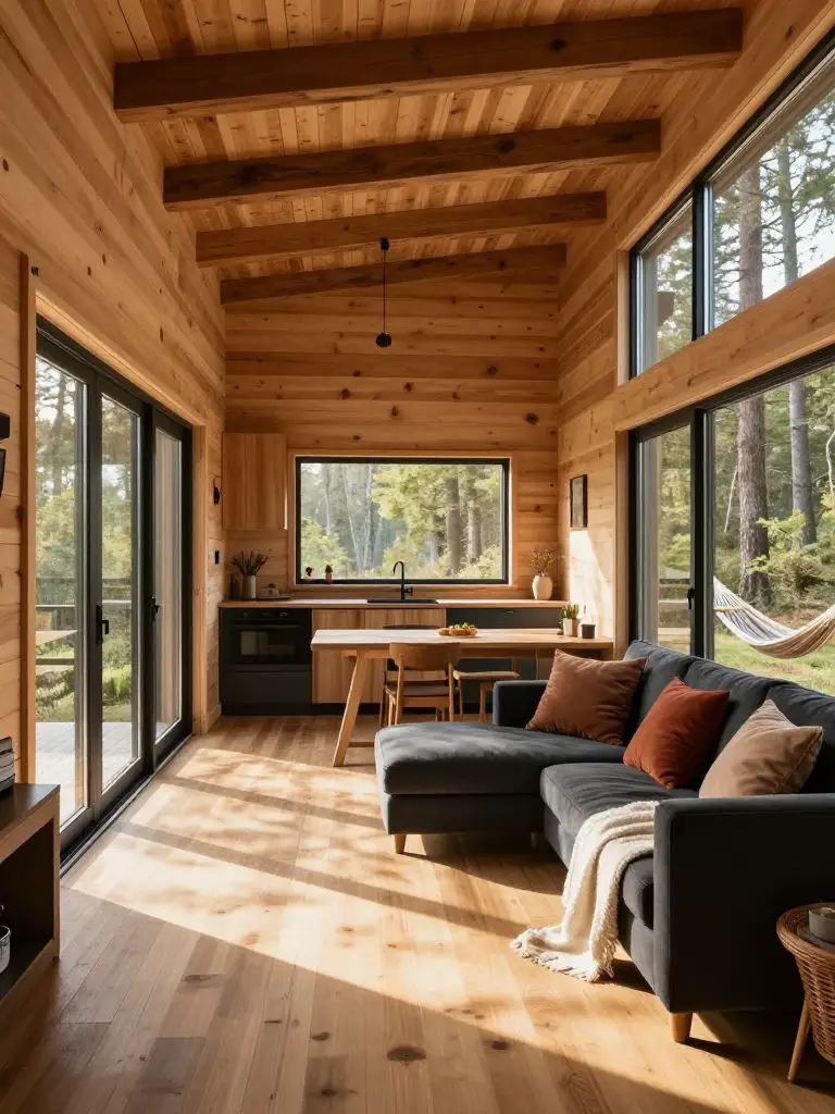 An open-concept off grid cabin interior designed in Warm Minimalist with Modern Rustic influences, featuring pine plank walls, exposed dark.