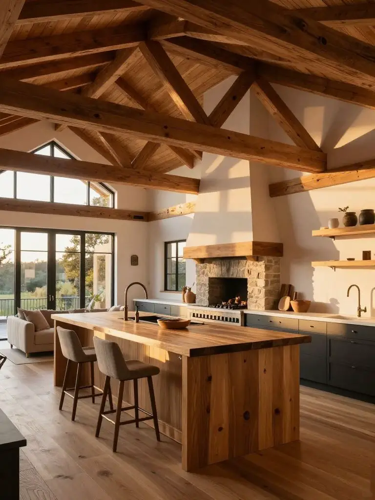 An open-concept timber frame kitchen and living area with soaring wood ceilings, exposed structural beams, and a central stone fireplace vis.