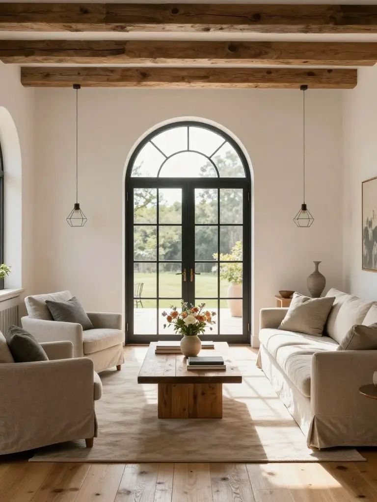 An open rustic living room in Contemporary Rustic style featuring arched black-framed glass doors as the architectural focal point.
