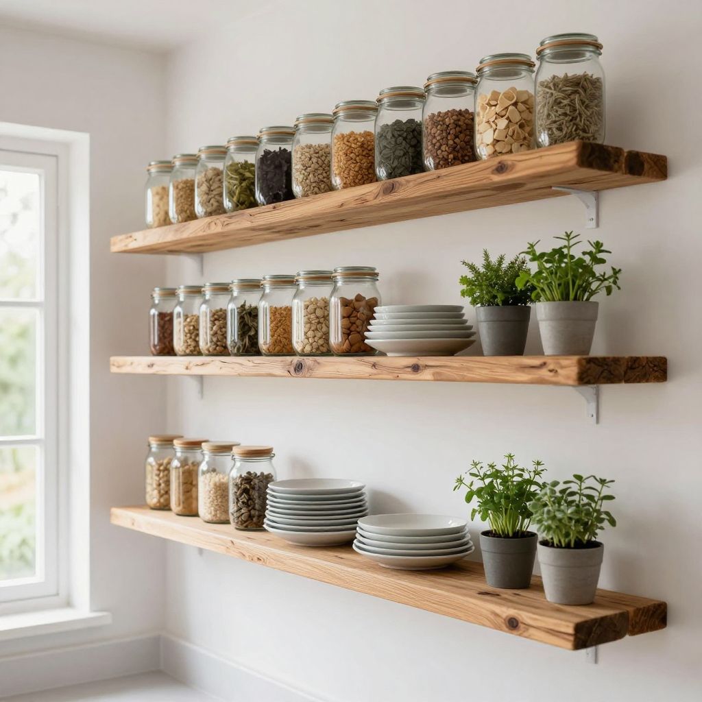interior photography of reclaimed wood floating shelves in a bright kitchen, displaying organized rows of glass jars with dry goods, ceramic.