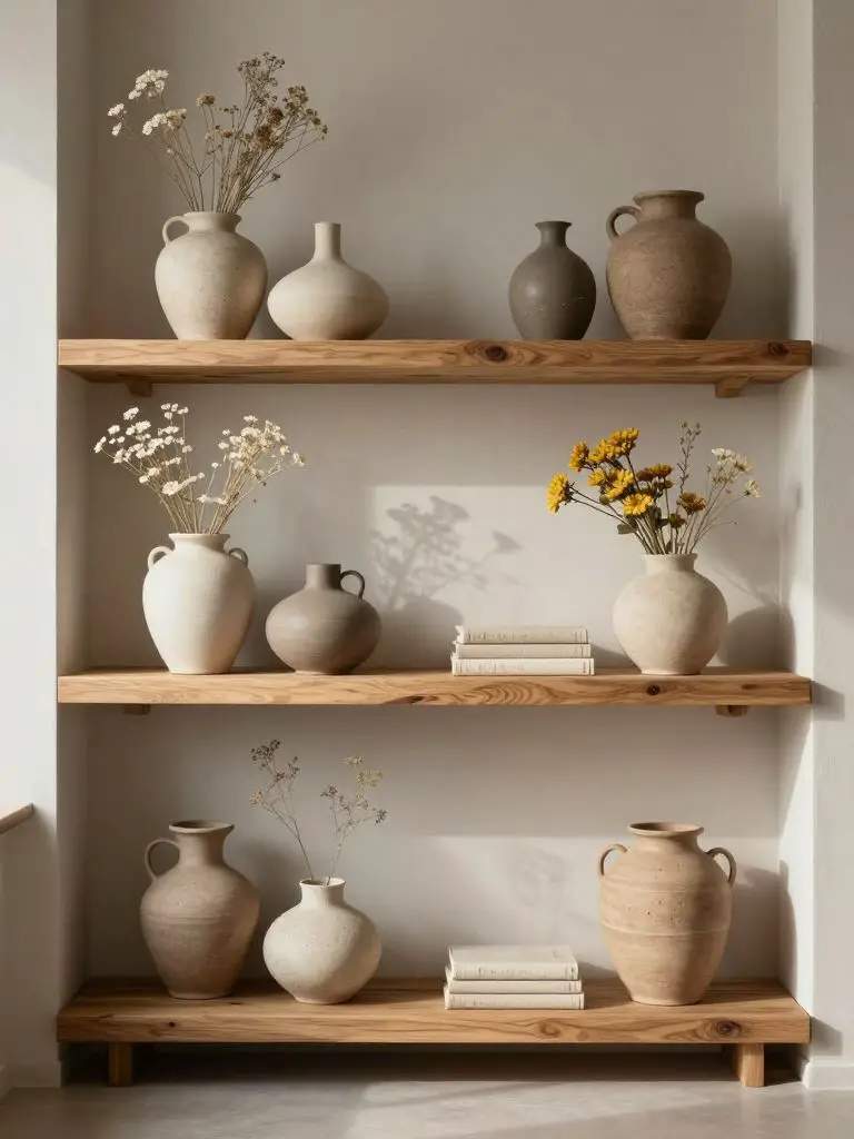 An eco conscious shelving display styled with handcrafted pottery and natural textures in a warm minimalist interior.