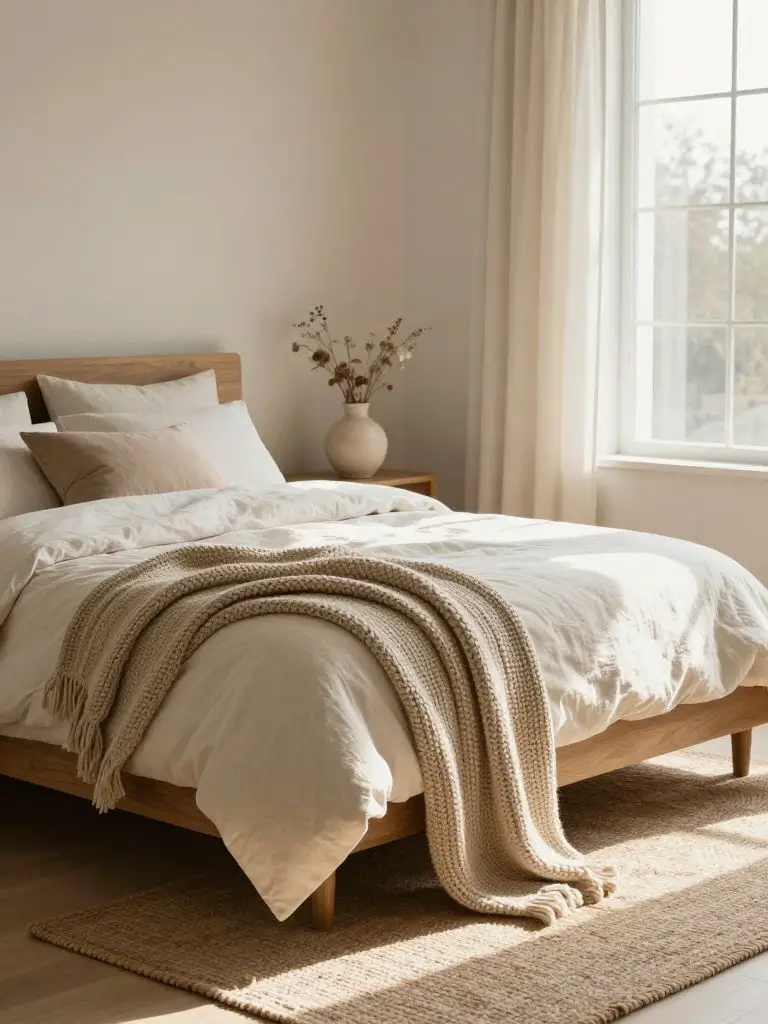 A serene bedroom scene embracing eco friendly home decor through layered organic textiles.