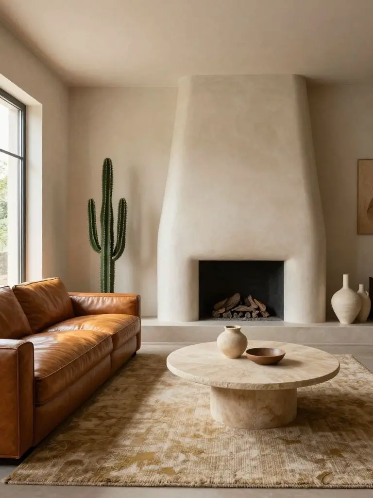 An organic modern earthy living room centered around a sculptural plaster fireplace with rounded edges.
